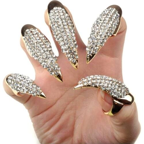 5Pcs/set Unisex Retro Punk Rock Crystal Rhinestone Claw Rings False Nail Paw Talon Cat Claw Finger Rings Party Jewerly