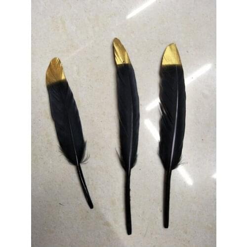 Free shipping wholesale 500pcs natural Wild goose feathers 10-15cm/4-6inch Gold head black Decorative diy collect Accessories