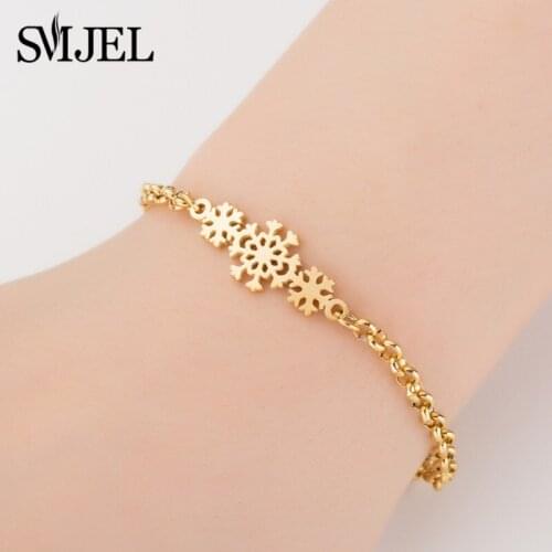 SMJEL Stainless Steel Snowflake Bracelet Gold Jewelry New Fashion Strand Bracelets Bangles for Women Christmas Spiritual Gifts