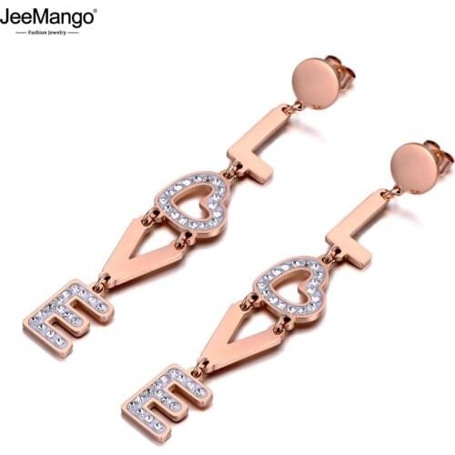 JeeMango Trendy Titanium Stainless Steel Love Heart Drop Earrings Bohemia Shining Crystal Dangle Party Earring For Women JE20001