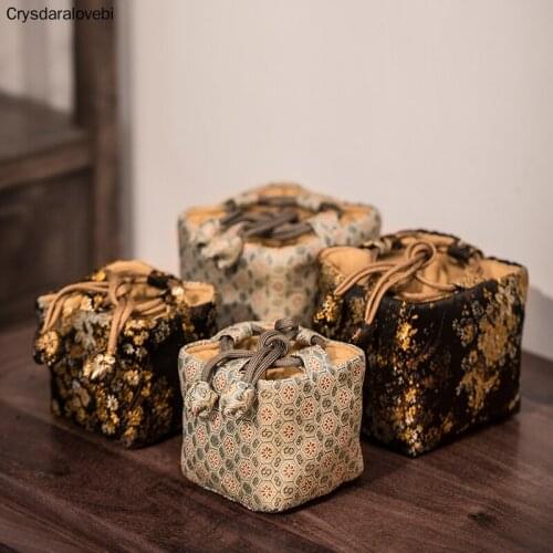 Chinese Style Retro Brocade Tea Set Storage Bag Portable Cotton Linen Tea Cozies Household Travle Tea Accessory Hand Bag