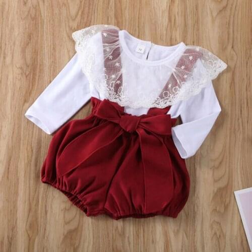 Infant Baby Girl Clothes White Lace T-shirt Tops + Strap Shorts Overalls Summer Cute Baby Girl Clothing Set