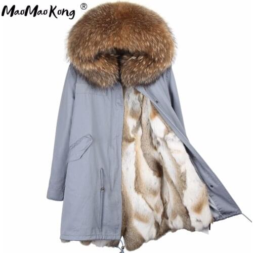 MAO MAO KONG Fashion womens real rabbit fur lining winter jacket coat natural fox fur collar hooded long parkas outwear DHL 5-7