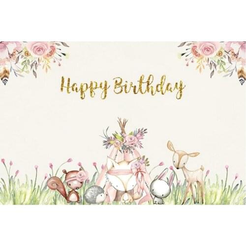 Cute Little Animals with Flowers Happy Birthday Backdrop Party Room Decor Photo Booth Studio Prop