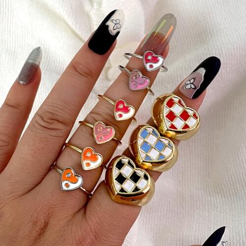Fashion Mesh Heart Enamel Drip Glaze Chunky Rings for Women Exquisite Small Yin and Yang Fine Ring 2021 New Party Jewelry Gift