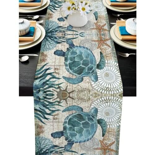 Sea Turtle Ocean Creature Landscape Table Runner Wedding Decor Table Cover Christmas Decoration Holiday Party Tablecloth