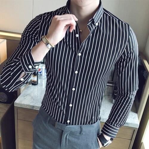 2021 new Korean mens shirt fashion business casual striped long-sleeved shirt high quality brand slim cotton formal dress shirt