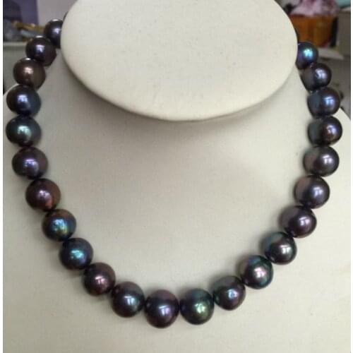 Huge 12-14mm freshwater round black blue red pearl necklace 18inch 925silver