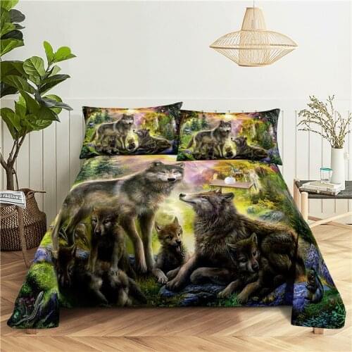Family Wolves Bedding Sheet Home Digital Printing Polyester Bed Flat Sheet With Pillowcase Print Bed Sheet
