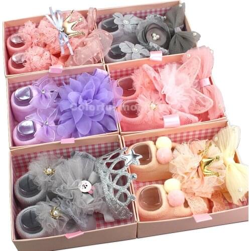 Infant Newborn Baby Girls 3Pcs/Set Slipper Socks Headband Gift Foot Socks Lace Crown Hair Band Accessories Photo Props Meias