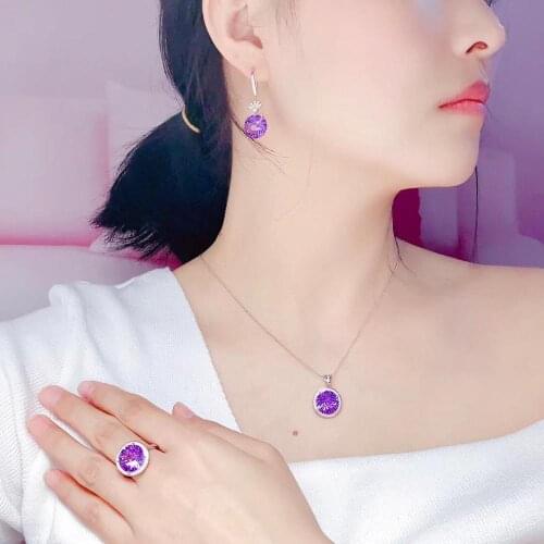 The Best Gift For your mother Amethyst jewelry set Natural Real Amethyst 925 sterling silver 1pc pendant,1pc ring,2pcs Earring