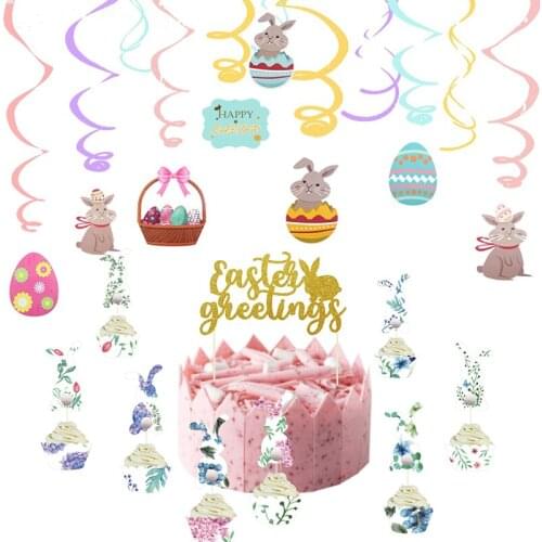 Happy Easter Decoration Pendant Cake Topper Rabbit LED Light String Easter Wooden Moon Wreath Decoration EA01