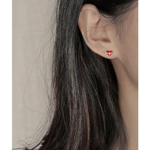 925 sterling silver jewelry with red love earrings heartbeat earrings simple small cute and sweet all-match earrings