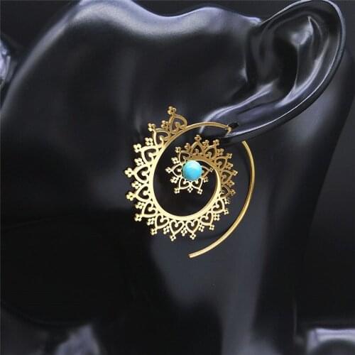 Bohemia Flower Stainless Steel Stone India Hoop Earing Women Gold Color Earrings Round Jewelry boucle d'oreille ronde E9204S01