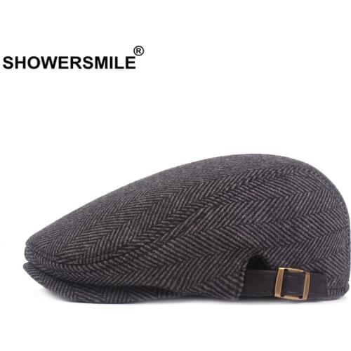 SHOWERSMILE Winter Hat Woolen British Herringbone Gray Mens Beret Retro Casual High Quality Thick Warm Male Adjustable Flat Cap