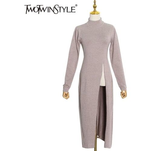 TWOTWINSTYLE Minimalist Side Split Sweater For Women Turtleneck Long Sleeve High Waist Slim Sweaters Female 2020 Fall Fashion