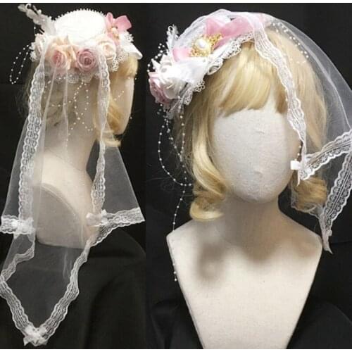 Sweet Lolita Lace Top Hat with Mesh Veil Sweet Bow Rose Flower Bonnet Flat Cap