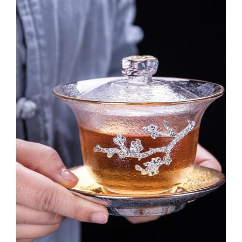 Thick Heat-Resistant Pure Tin Gold Foil Plum Coloured Glaze Three-force Tureen Transparent Glass Tea Gaiwan Gift for Boyfriend