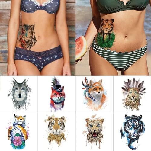 Animal waterproof tattoo Tiger leopard Watercolor temporary tattoo stickers Wolf bear abdomen body tattoos Personalized Safety