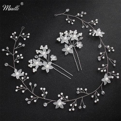 Miallo Fashion Flower Wedding Hair Accessories Headband + 2pcs Hairpins Clips Bridal Headpieces Headwear for Women