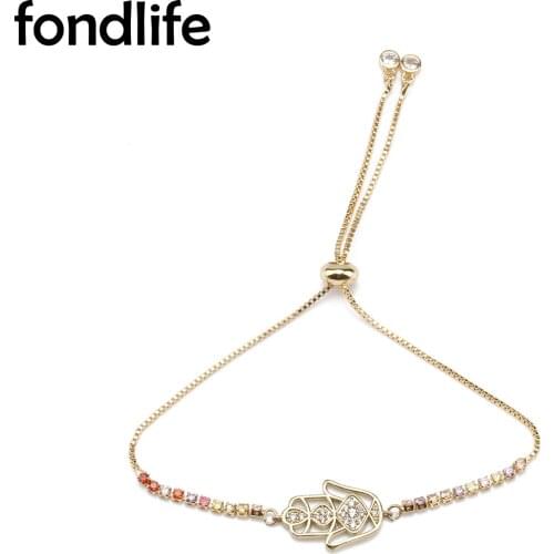 Cubic Zirconia Crystal Gold-plated Brass Hamsa Hand Charm Bracelet Women Good Quality Copper CZ Chain Red Cord Slide Jewelry Her