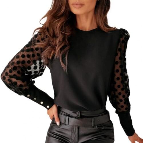 Women Fashion Casual Round Neck Lady Pullover Shirt Lace Patchwork Polka Dot Long Sleeve Blouse for Streetwear Dating Dailywear