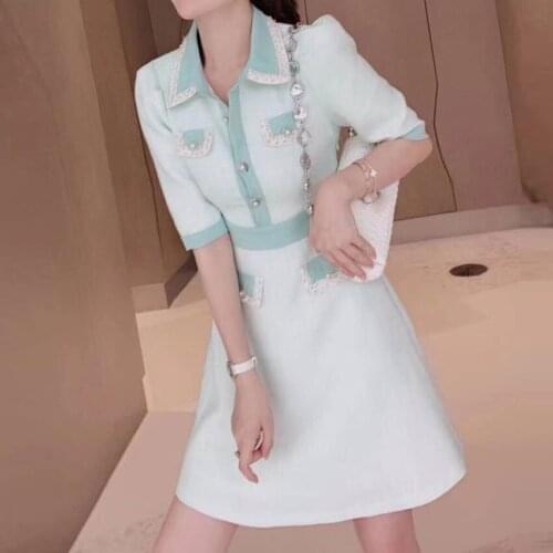 Newest HIGH QUALITY Fashion 2021 Runway Dress Womens Half Sleeve Turn-down Collar Blue Color Block Pocket Button Casual Dress