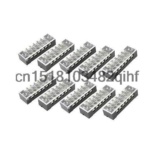 10 Pcs Dual Row 6P Screw Terminal Block Strip Black 600V 15A w Cover