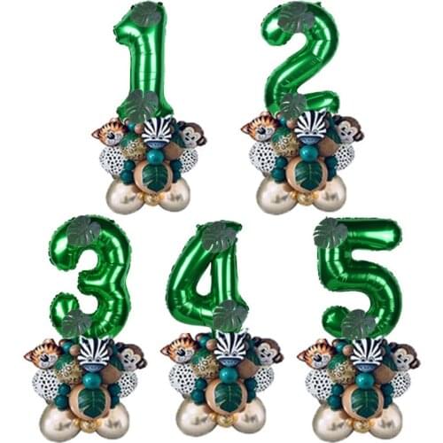 35pcs Animal Head Jungle Balloons Set Kids 1 2 3 Years Birthday Decoration Green Number Balloon Baby Shower Party Baloon
