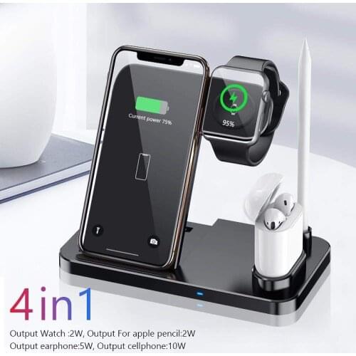 4 in 1 Stand Fast Wireless Charger for Apple Pen Watch Series for iPhone X Xs Max Xr 8 Plus Airpods Charging Dock Station, Black