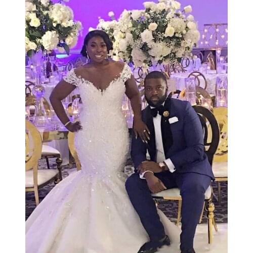 Africa Mermaid Wedding Dresses Sheer Neck Short Sleeves Lace Applique Sweep Train Beaded Vestido De Novia Bridal Gowns Plus