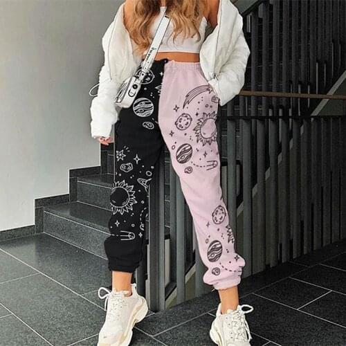 Hip Hop Spliced Contrast Fun Graphic Printed Sweatpants Women Harem Pants 2021 Summer New Streetwear Ladies Loose Casual Bottom