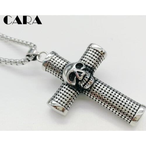 2019 new Gold color 3D skull cylinder cross pendant necklace top quality 316L Stainless steel Big punk cross necklace CARA0491