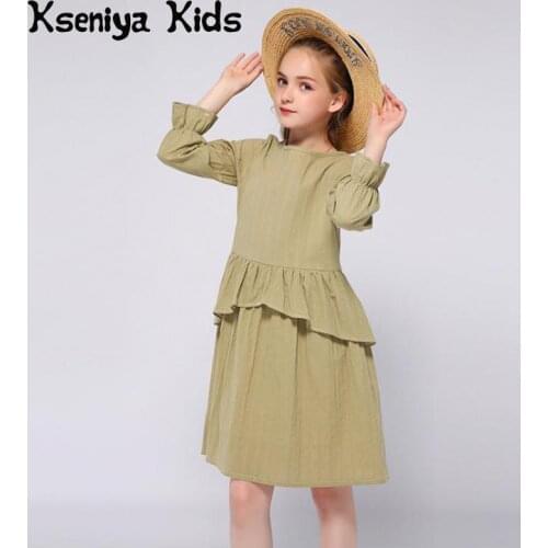 Kseniya Kids Spring Autumn Army Green Girls Dresses Long Sleeve Ruffle For 2 to 9 Years