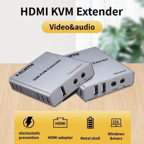 HDMI KVM Extender 60M over cat5e/6 RJ45 Ethernet cable 1080P R/L Audio out USB KVM Extender with IR Control mouse&keyboard port