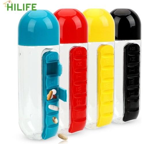 HILIFE 600ml Water Bottle Fruit Lemon Juice Drinking Bottle Plastic With Daily Pill Box Organizer Sports Cycling Camping Bottles