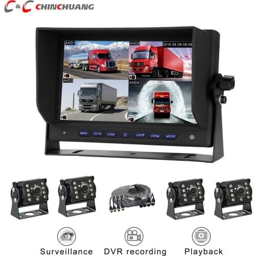 7" Truck AHD Quad Split Reverse Monitor DVR Video Recording and AHD Rear Front Side View Backup Cameras for Bus RV Van Trailer