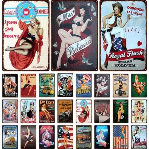 Pin Up Sexy Girl Metal Tin Poster American Beauty Vintage Shabby Chic Plaque Man Cave Bar Garage Wall Decor