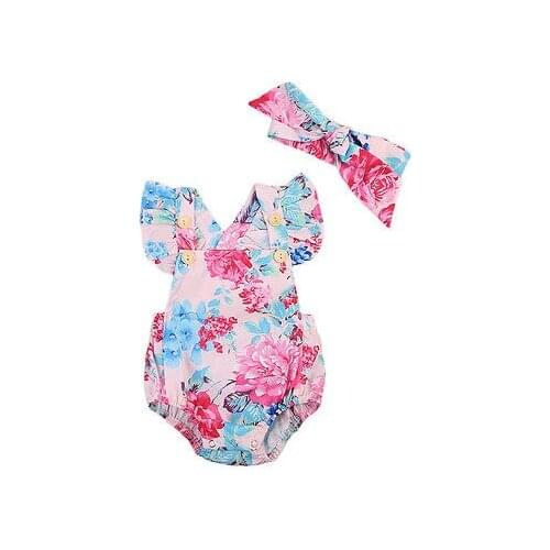 Fashion Newborn Baby Girls Floral Flying Sleeve Romper Button Jumpsuit + Headband Outfits Sunsuit New