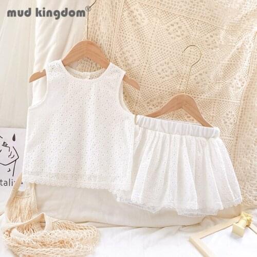 Mudkingdom Girls Vest Shorts Set Casual Sleeveless Tops Elastic Waist Skorts Hollow Lace Fashion Sets for Kids Summer Clothes