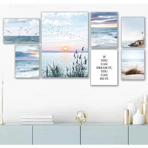Ocean Landscape Canvas Painting Beach Poster Birds Print Sea Level Line Lighthouse Prints Nordic Wall Pictures Living Room Decor