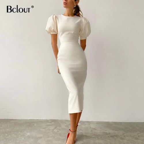 Bclout Short Sleeve Elegant White Bodycon Dress Woman 2021 Sexy Midi Party Summer Dresses O Neck Black High Waist Vestido Female