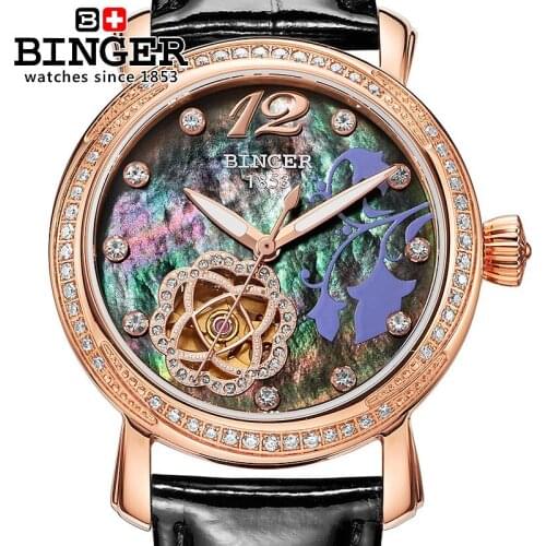 Switzerland Binger Womens watches Luxury Brand clock leather strap automatic self-wind mechanical Wristwatches Women B-1132L-4
