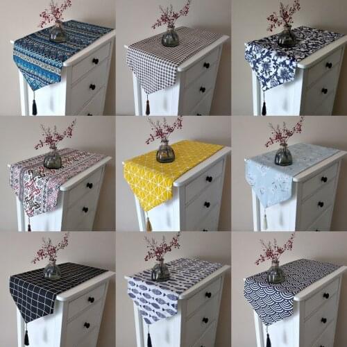 Printing Tablecloth Cotton Dust-proof Table Runner Nodic Style Table Flag with Tassels Home Table Cabinet Cover Container Decor