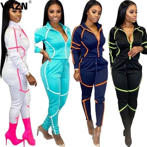 VAZN 2020 Sumnmer-autumn fashion sexy women 4 colors 2-piece long set full sleeve zipper fly coats long pant set casual chic set