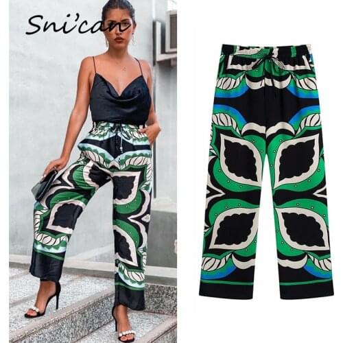 Women Leaves Print Pants Fashion Draw String Elastic Waist Pantalon Pour Femme Casual Oversize Vintage Bottom Streetwear Za 2021