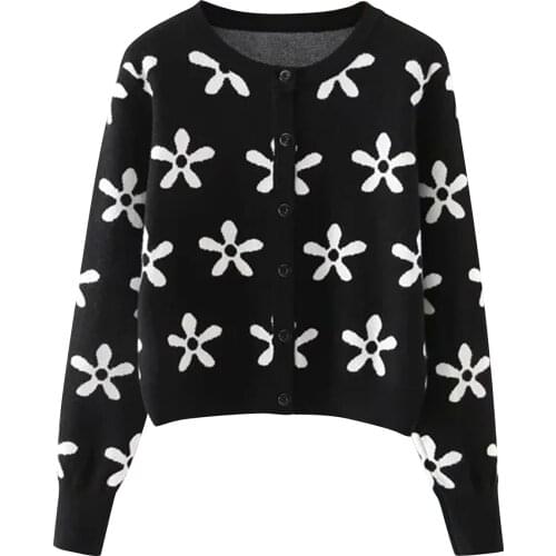 Women Short Knit Cardigan, Adults Button-down Embroidered Flower Print Long Sleeve Round Neck Sweater