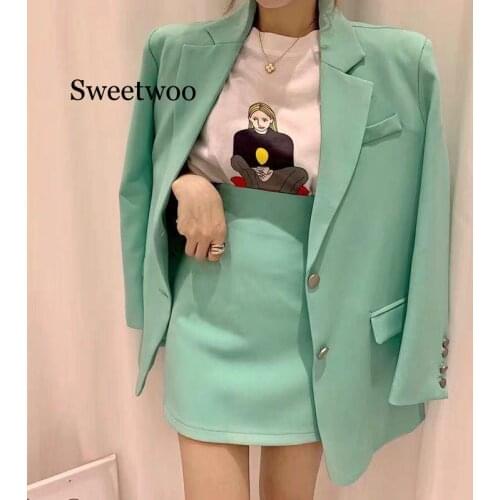 Women spring Korean fashion suit office lady blazer&skirts sets high waist skirt two-piece single breasted outwears