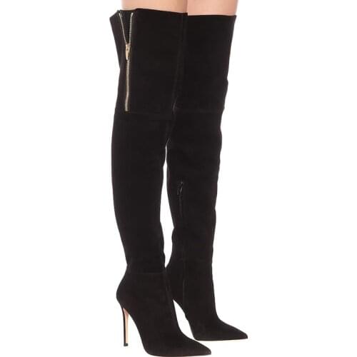 Winter Women Over-the-knee Boots Black Kid Suede Zip Pointed Toe Thin Heels Thigh High Boot Femmes Bottes Footwear Shoes Woman