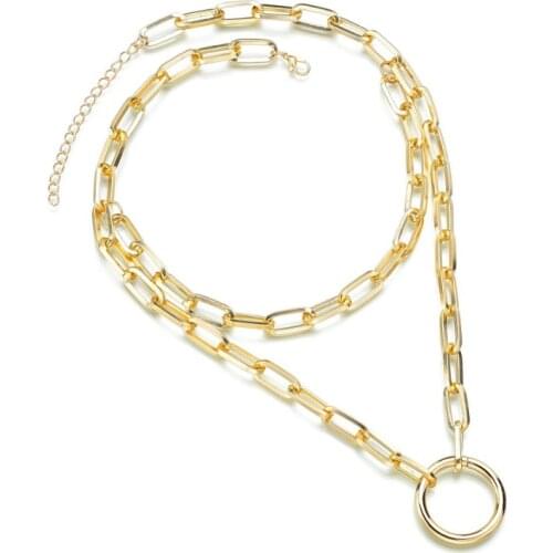 2Pcs/Lot Gold Silver Color punk Necklace hip hop geometric circle double thick chain sweater chain for Woman
